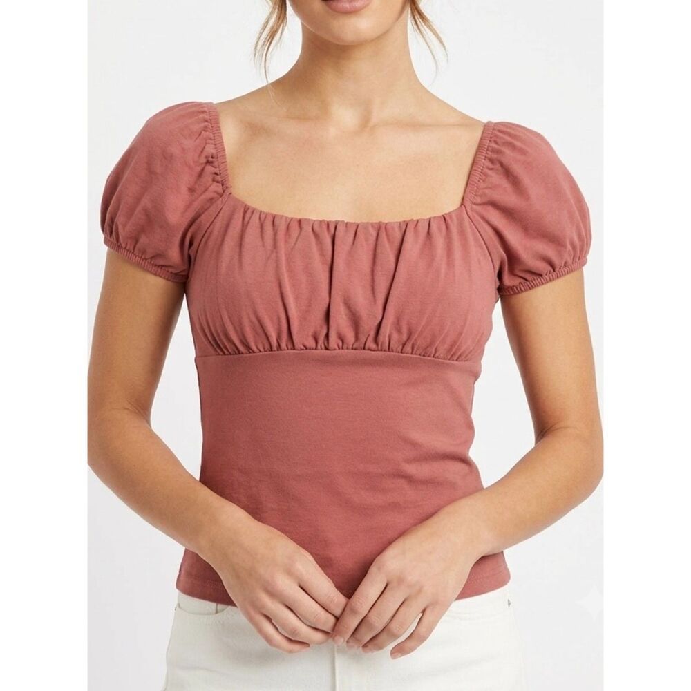 Mauve Puff Sleeve Smocked Empire Waist RSQ Cotton Top Size M Medium